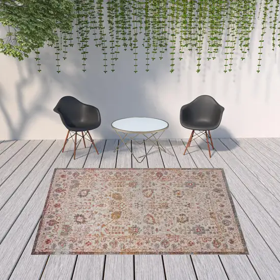 Beige Floral Stain Resistant Indoor Outdoor Area Rug Photo 2