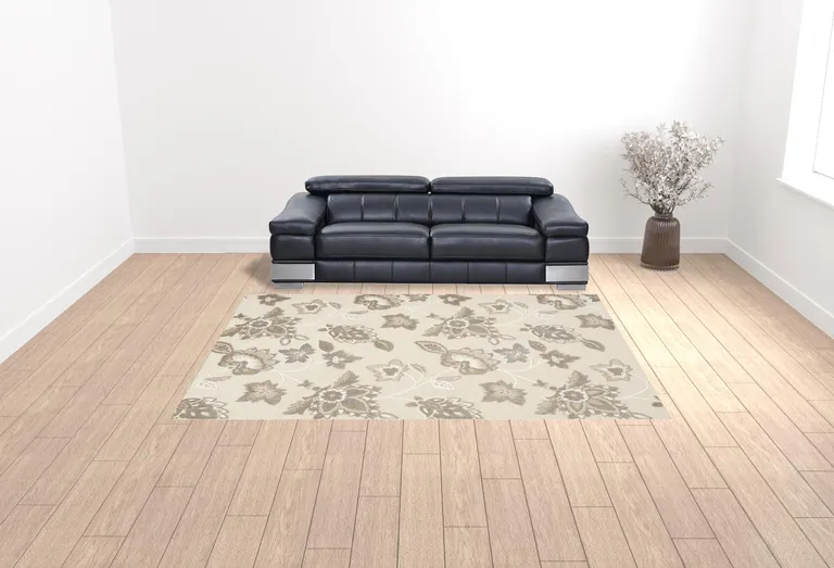 Beige Floral Stain Resistant Non Skid Area Rug Photo 2