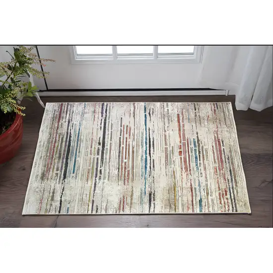 Beige Geometric Distressed Area Rug With Fringe Photo 1