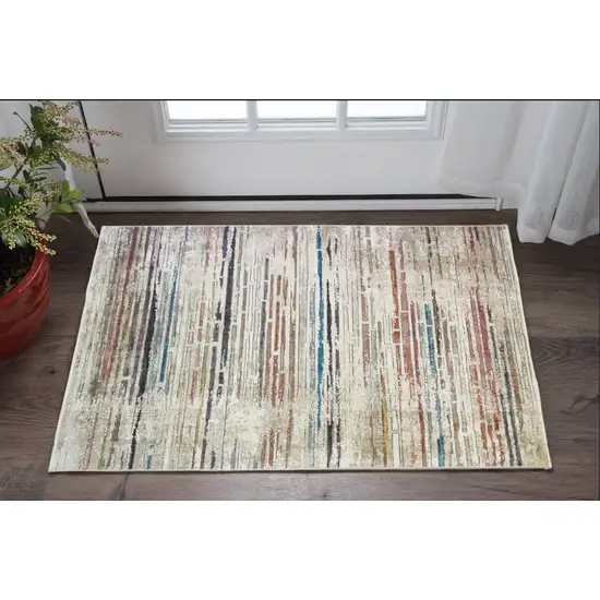 Beige Geometric Distressed Area Rug With Fringe Photo 1