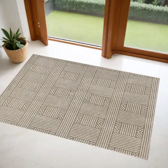 Beige and Ivory Geometric Indoor Outdoor Area Rug Photo 1