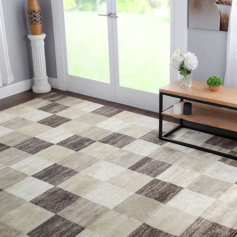 Beige Geometric Power Loom Stain Resistant Area Rug Photo 5