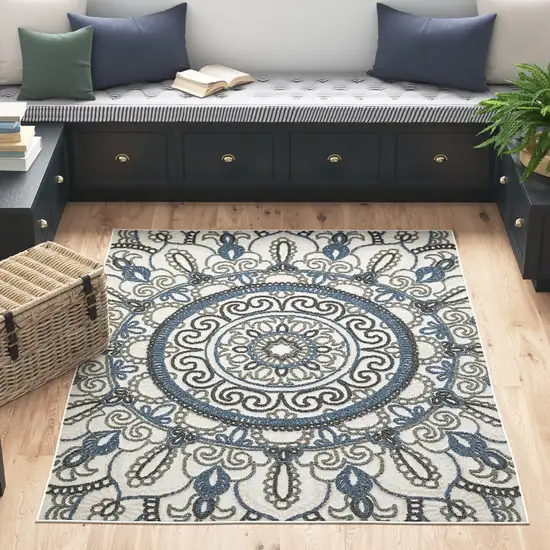 Beige Geometric Stain Resistant Indoor Outdoor Area Rug Photo 8