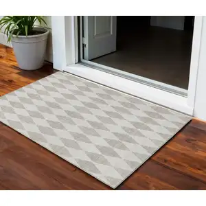 Photo of Beige Geometric Washable Non Skid Indoor Outdoor Area Rug