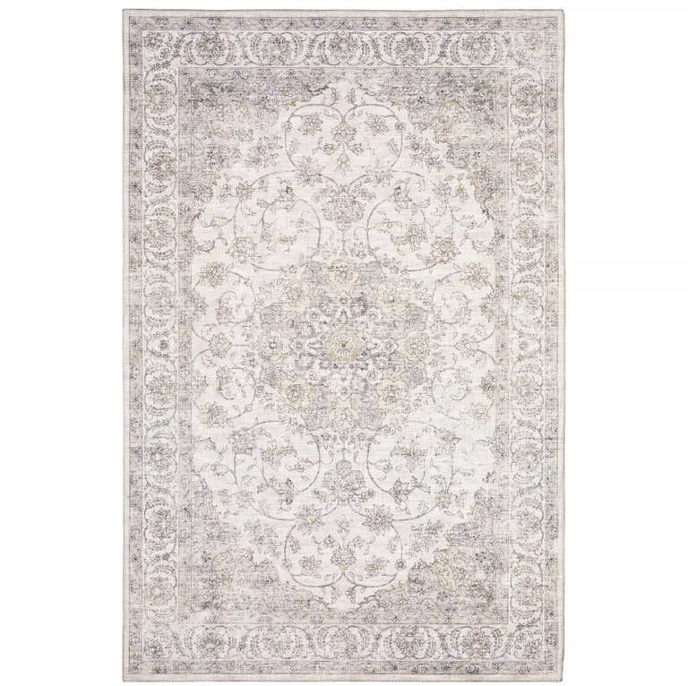 Beige Gold And Grey Oriental Power Loom Stain Resistant Area Rug Photo 2