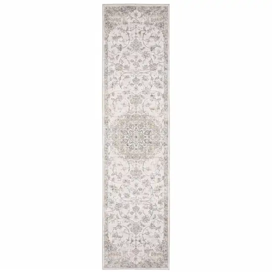 Beige Gold And Grey Oriental Power Loom Stain Resistant Runner Rug Photo 1