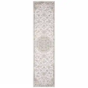 Photo of Beige Gold And Grey Oriental Power Loom Stain Resistant Runner Rug