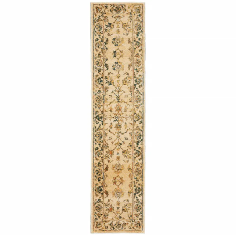 Beige Gold And Teal Oriental Power Loom Stain Resistant Runner Rug Photo 1