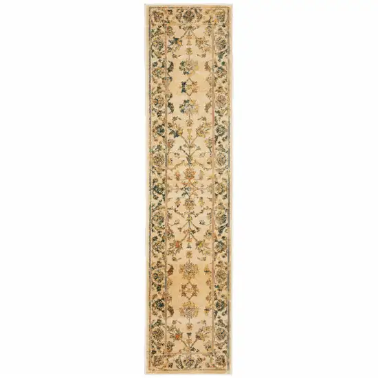 Beige Gold And Teal Oriental Power Loom Stain Resistant Runner Rug Photo 1