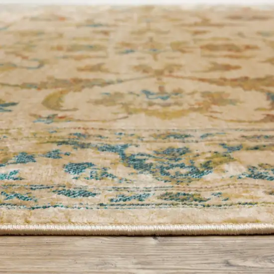 Beige Gold And Teal Oriental Power Loom Stain Resistant Runner Rug Photo 9