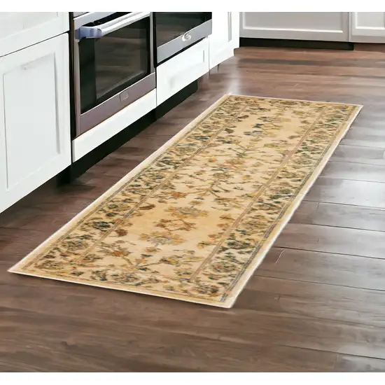 2' X 8' Beige Gold And Teal Oriental Power Loom Stain Resistant Runner Rug Photo 2