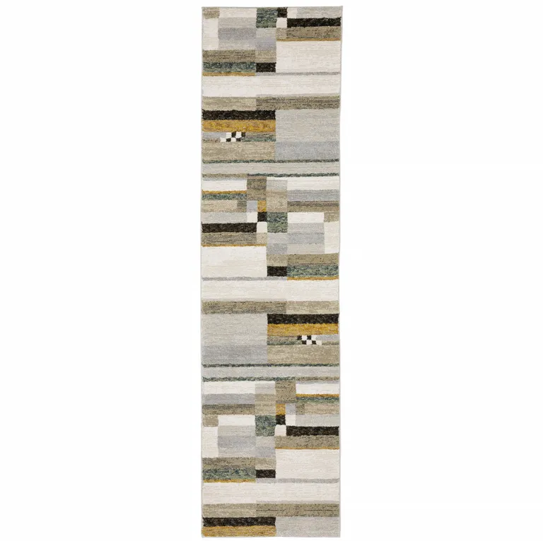 Beige Gold Black Grey Tan Teal And Rust Geometric Power Loom Stain Resistant Runner Rug Photo 1