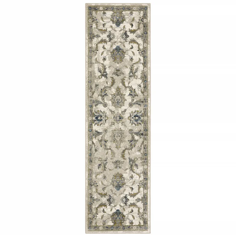 Beige Gold Blue And Grey Oriental Power Loom Stain Resistant Runner Rug Photo 1