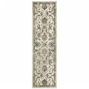 Photo of Beige Gold Blue And Grey Oriental Power Loom Stain Resistant Runner Rug