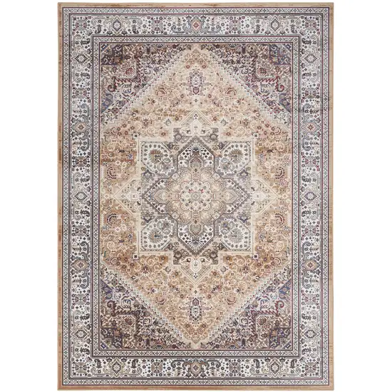 Beige Gold and Red Floral Medallion Distressed Non Skid Area Rug Photo 2