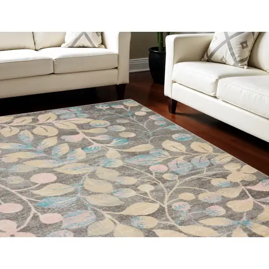 Beige Gray And Blue Botanical Leaves Area Rug Photo 1