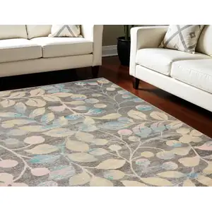 Photo of Beige Gray And Blue Botanical Leaves Area Rug