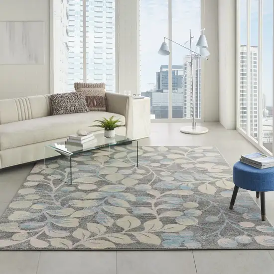 Beige Gray And Blue Botanical Leaves Area Rug Photo 9