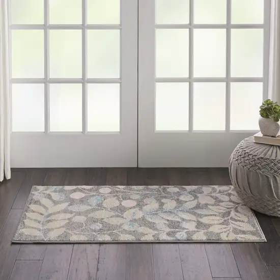 Beige Gray And Blue Botanical Leaves Area Rug Photo 9