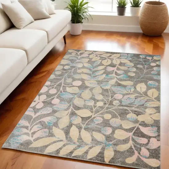 Beige Gray And Blue Tropical Floral Area Rug Photo 1