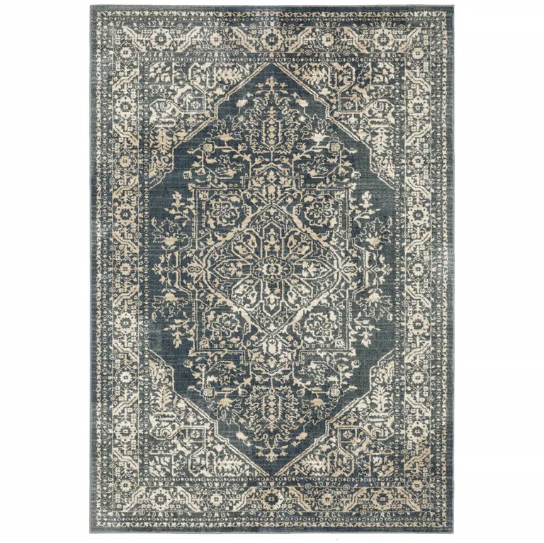 Beige Grey And Blue Oriental Power Loom Stain Resistant Area Rug Photo 2