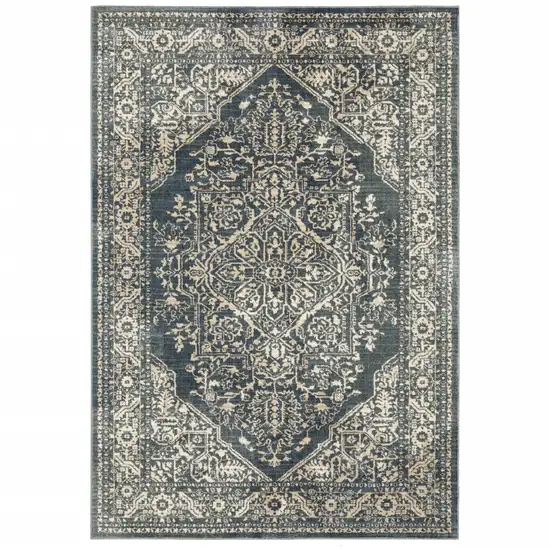 Beige Grey And Blue Oriental Power Loom Stain Resistant Area Rug Photo 2