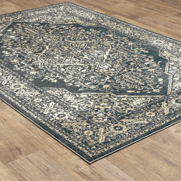 Beige Grey And Blue Oriental Power Loom Stain Resistant Area Rug Photo 5