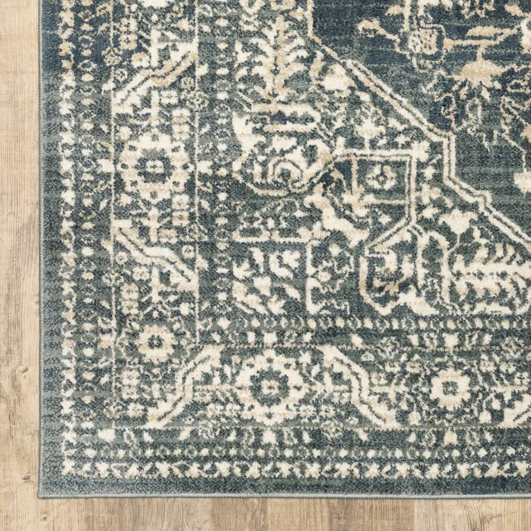 Beige Grey And Blue Oriental Power Loom Stain Resistant Area Rug Photo 1