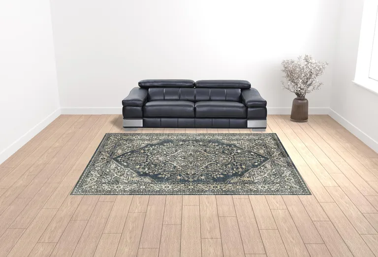 Beige Grey And Blue Oriental Power Loom Stain Resistant Area Rug Photo 3