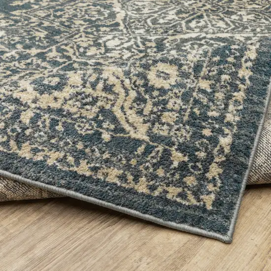 Beige Grey And Blue Oriental Power Loom Stain Resistant Runner Rug Photo 7