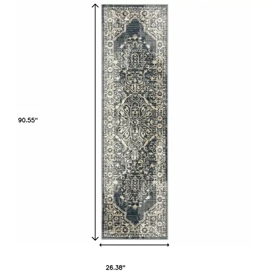 Beige Grey And Blue Oriental Power Loom Stain Resistant Runner Rug Photo 8