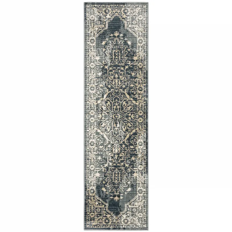 Beige Grey And Blue Oriental Power Loom Stain Resistant Runner Rug Photo 1