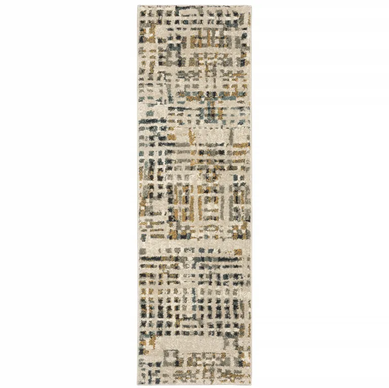 Beige Grey Blues Orange Yellow And Ivory Abstract Power Loom Stain Resistant Runner Rug Photo 1