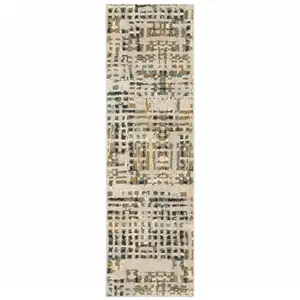 Photo of Beige Grey Blues Orange Yellow And Ivory Abstract Power Loom Stain Resistant Runner Rug