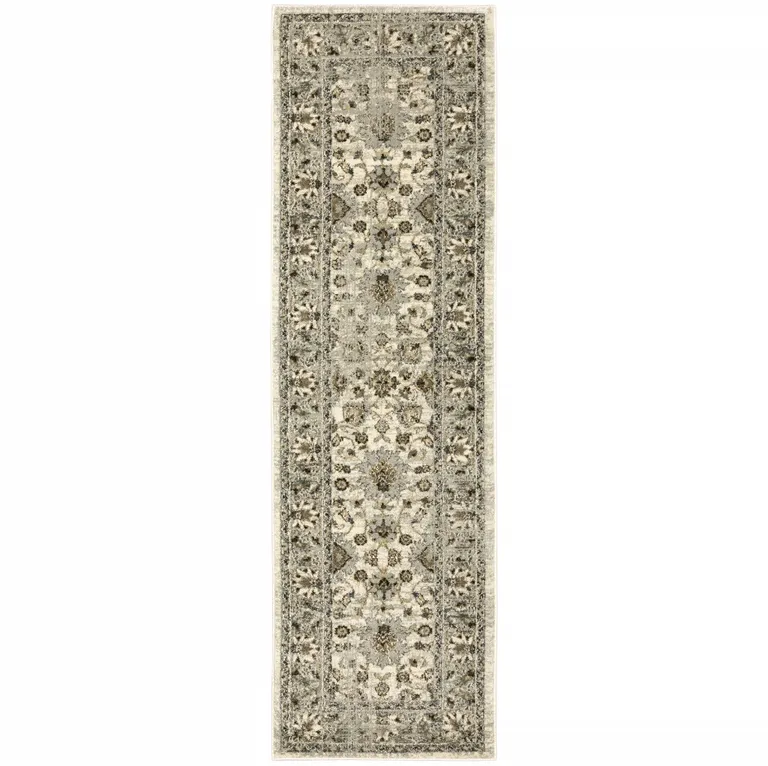 Beige Grey Brown And Charcoal Oriental Power Loom Stain Resistant Runner Rug Photo 1