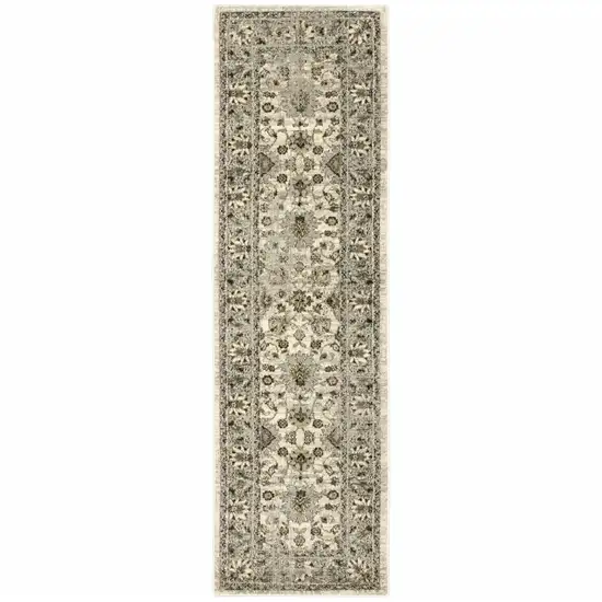 Beige Grey Brown And Charcoal Oriental Power Loom Stain Resistant Runner Rug Photo 2