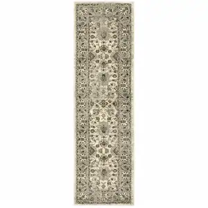 Photo of Beige Grey Brown And Charcoal Oriental Power Loom Stain Resistant Runner Rug