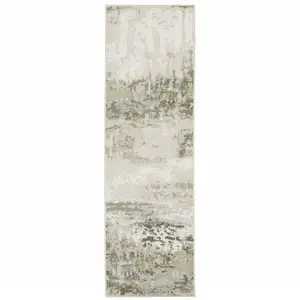 Photo of Beige Grey Brown And Sage Green Abstract Power Loom Stain Resistant Runner Rug