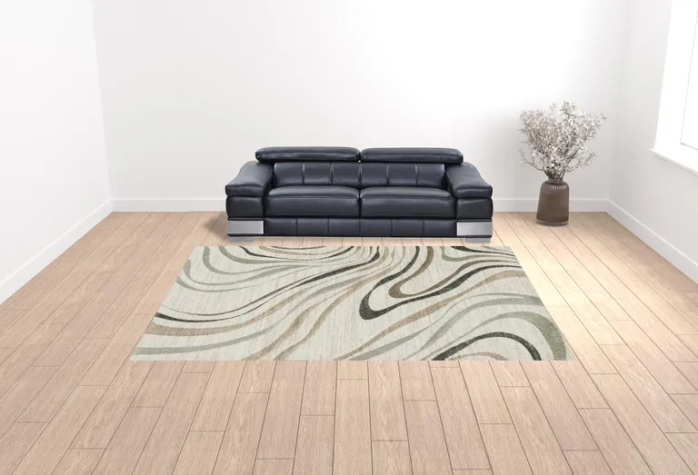 Beige Grey Brown Sage Pale Blue Tan And Charcoal Abstract Power Loom Stain Resistant Area Rug Photo 2