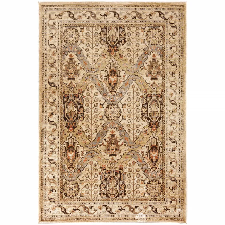 Beige Grey Dolphin Blue Deep Teal Gold And Orange Oriental Power Loom Stain Resistant Area Rug Photo 1