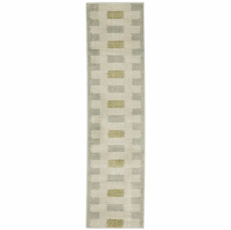 Beige Grey Gold And Green Geometric Power Loom Stain Resistant Runner Rug Photo 1