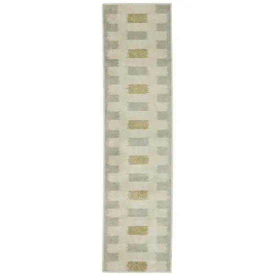 Beige Grey Gold And Green Geometric Power Loom Stain Resistant Runner Rug Photo 1