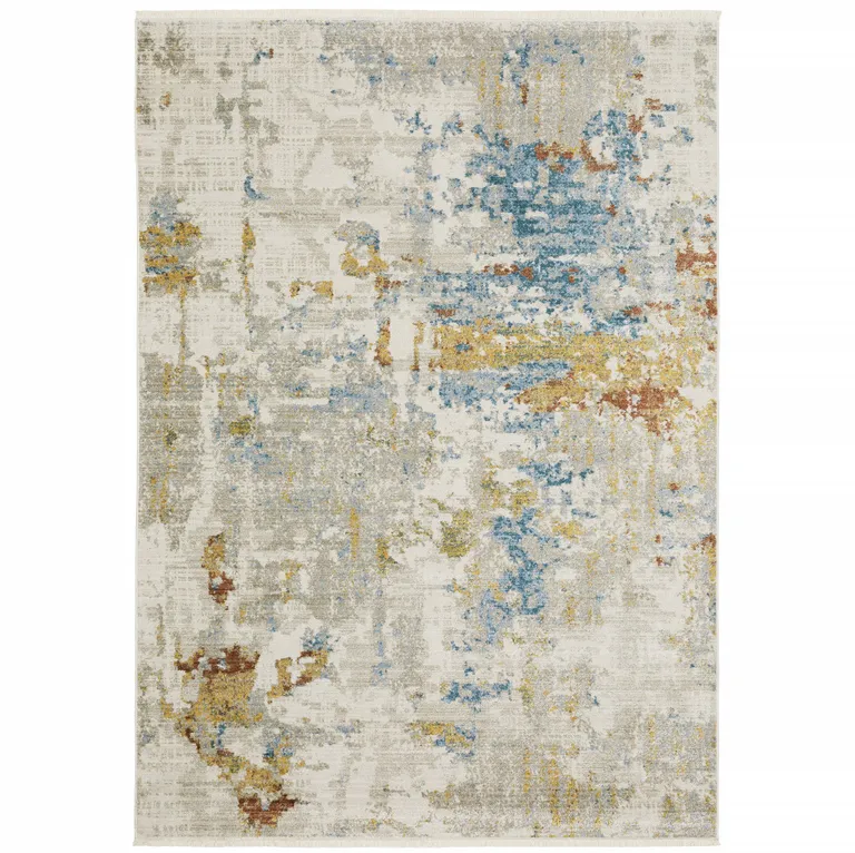 Beige Grey Gold Blue Rust And Teal Abstract Power Loom Stain Resistant Area Rug With Fringe Photo 1