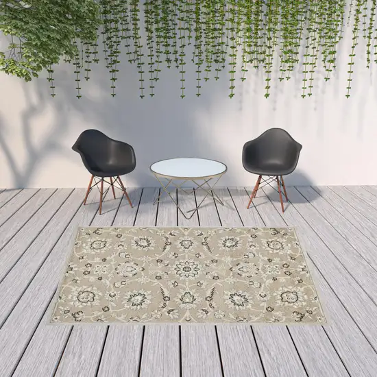 Beige Grey Machine Woven UV Treated Floral Traditional Indoor Outdoor Area Rug Photo 6