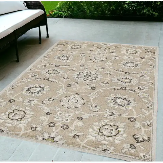 5'X8' Beige Grey Machine Woven Uv Treated Floral Traditional Indoor Outdoor Area Rug Photo 1