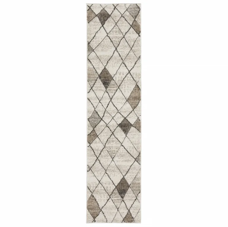 Beige Grey Tan And Brown Geometric Power Loom Stain Resistant Runner Rug Photo 1