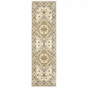 Photo of Beige Grey Tan And Brown Oriental Power Loom Stain Resistant Runner Rug