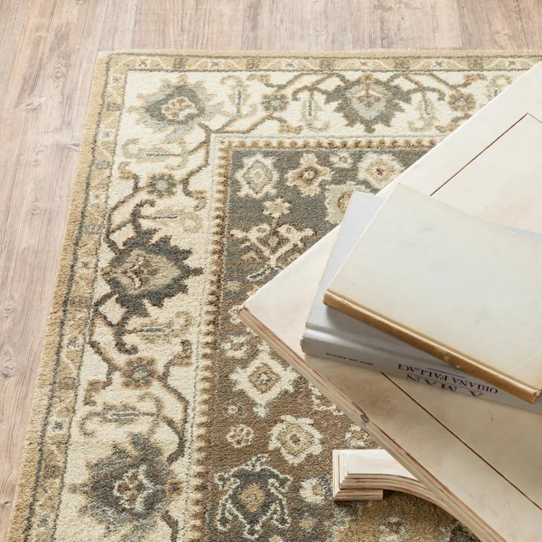 Beige Grey Tan And Charcoal Oriental Power Loom Stain Resistant Runner Rug Photo 5