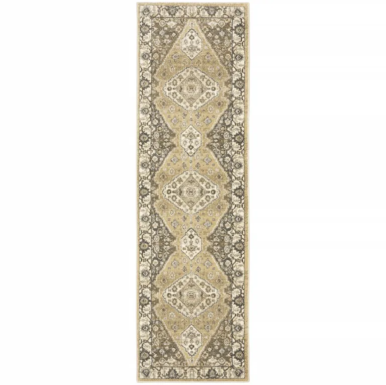 Beige Grey Tan And Charcoal Oriental Power Loom Stain Resistant Runner Rug Photo 1