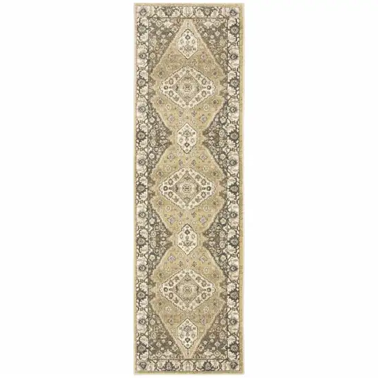 Beige Grey Tan And Charcoal Oriental Power Loom Stain Resistant Runner Rug Photo 1